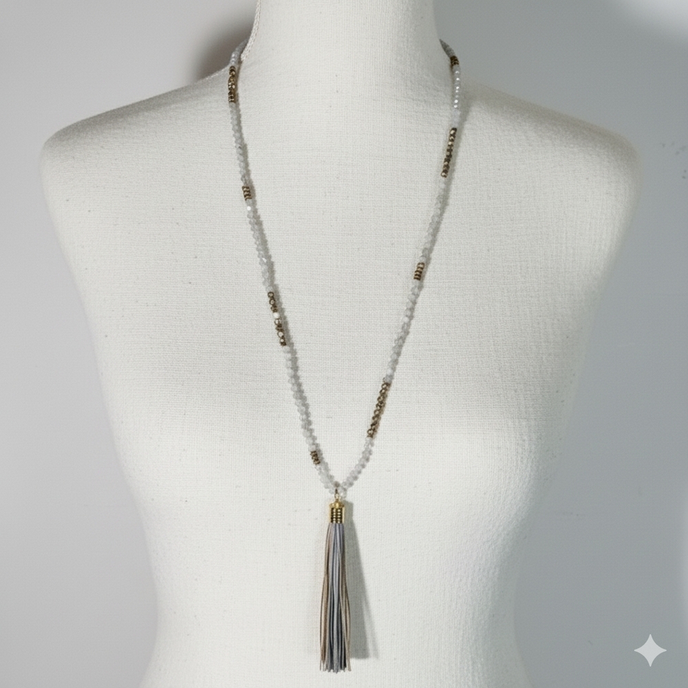 Crystal 30" Leather Tassel Necklace Faceted Beads Aurora Borealis Smokey Glass